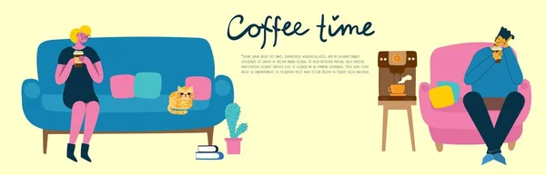 Pessoas a beber café. Tempo de café, pausa e cartões de conceito vetor de relaxamento. Ilustração vetorial em estilo de design plano —  Vetores de Stock