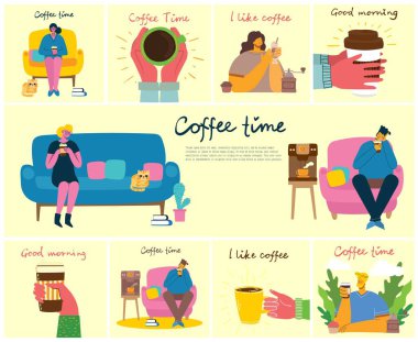 Gülümseyen insanlar kahve içen ve konuşan arkadaşlar. Kahve zamanı, mola ve rahatlama vektör kartları. Modern düz tasarım tarzında vektör illüstrasyonu