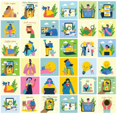 Pazarlama kampanyası, video konferansı, kahve saati, iş analizi konsepti çizimi düz ve temiz tasarım. Erkekler ve kadınlar düz dizaynda dizüstü bilgisayar ve tablet kullanıyorlar.