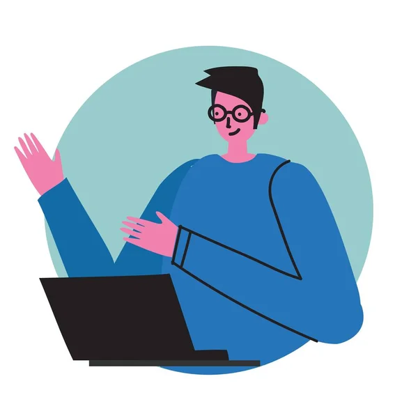 Homem Usando Laptop Com Ilustração Vetorial Fundo Infográfico Design Colorido —  Vetores de Stock
