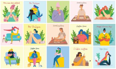 Women activities backgrounds. Women doing yoga, cooking, reading and working concept in the modern flat style clipart