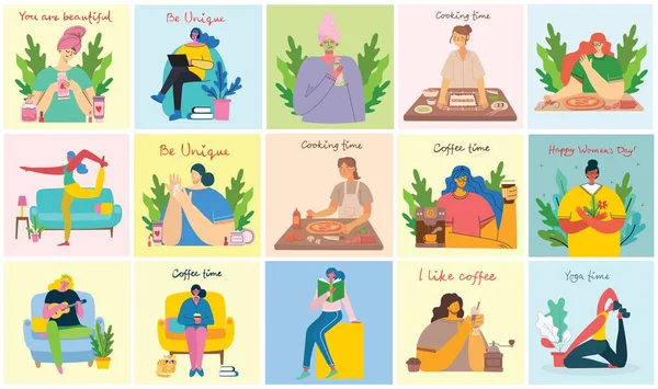 Antecedentes Actividades Femeninas Mujeres Haciendo Yoga Cocina Lectura Concepto Trabajo — Vector de stock