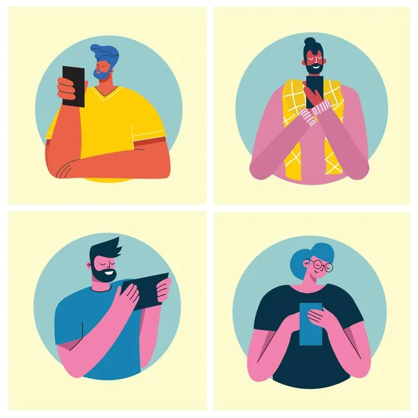 Illustration Vectorielle Personnes Parlant Téléphone Faire Selfie Dans Style Plat — Image vectorielle