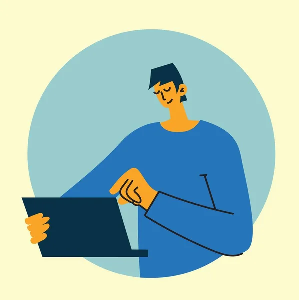 Man Met Laptop Met Infografische Achtergrond Vector Illustratie Modern Vlak — Stockvector