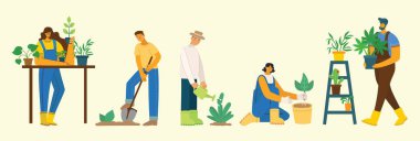 Çiçek saksısı tutan genç bir adam ve kadın bahçıvan. Modern düz bir şekilde vektör illüstrasyonu