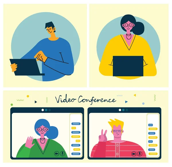 Illustrazione Del Concetto Online Webinar Gente Usa Video Chat Desktop — Vettoriale Stock