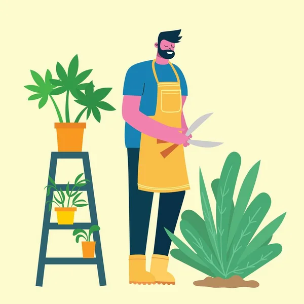 Νεαρός Κηπουρός Κρατάει Ψαλίδι Κηπουρικής Εικονογράφηση Διάνυσμα Ένα Μοντέρνο Επίπεδο — Διανυσματικό Αρχείο