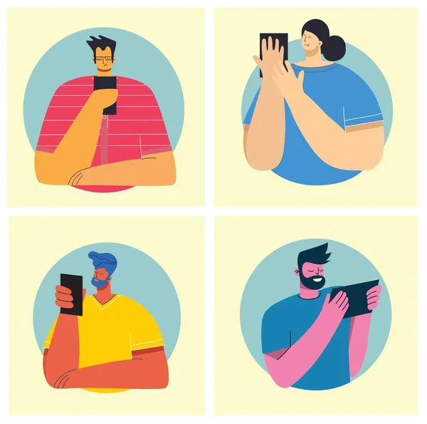 Quatre Jeunes Différents Utilisant Des Téléphones Mobiles Socialisant Sur Internet — Image vectorielle