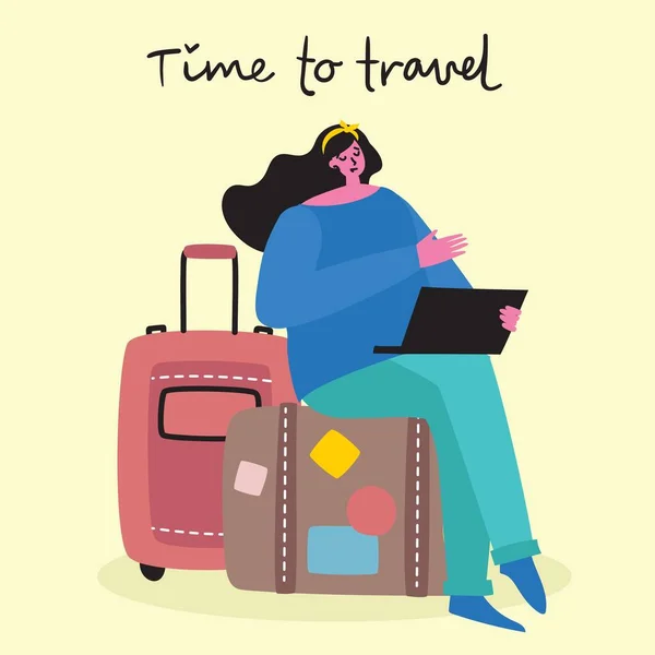 Time Travel Vector Illustration Isolated Young Girl Traveler Various Activity — Stock Vector