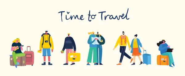 Time Travel Vector Illustration Isolated Young People Traveler Various Activity — Stock Vector