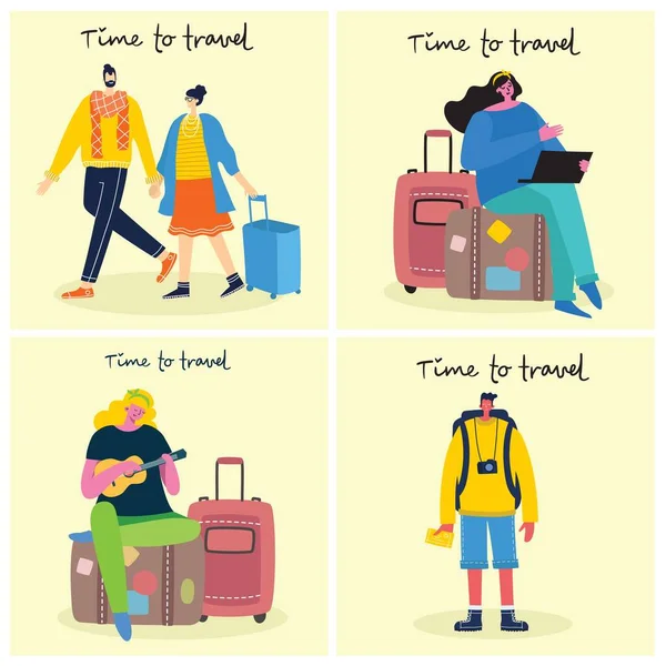 Time Travel Vector Illustration Isolated Young People Traveler Various Activity — Stock Vector