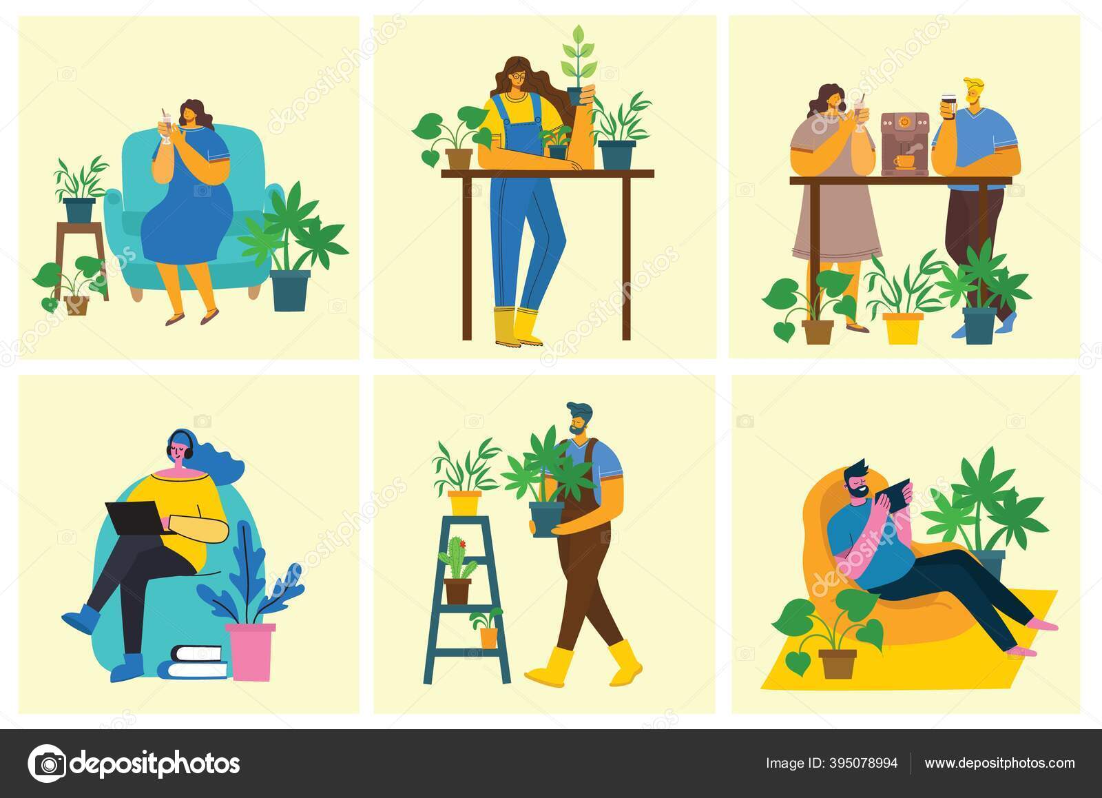 Anak Muda Dan Wanita Tukang Kebun Memegang Pot Bunga Ilustrasi