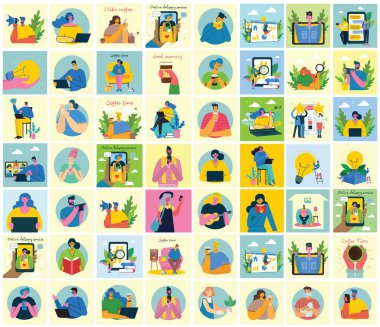 Bir grup insan, erkek ve kadın kitap okuyor, dizüstü bilgisayarda çalışıyor, büyüteçle arıyor, iletişim kuruyor. Kolaj ve çizimler için vektör grafik nesneler. Modern renkli düz stil.