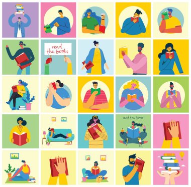 Dünya Kitap Günü 'nün vektör konsepti illüstrasyonları, kitap ve kitap festivalini düz bir şekilde okumak. İnsanlar oturur, ayakta durur, yürür ve düz bir tarzda kitap okurlar.