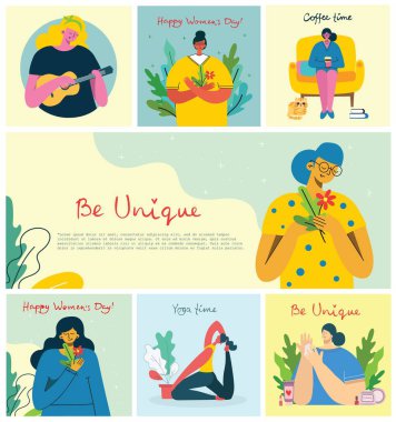 Kadın aktiviteleri. Kadınlar bahçecilik, yemek pişirme, okuma ve çalışma konsepti modern düz stil