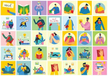 Dünya Kitap Günü 'nün vektör konsepti illüstrasyonları, kitap ve kitap festivalini düz bir şekilde okumak. İnsanlar oturur, ayakta durur, yürür ve düz bir tarzda kitap okurlar.