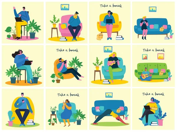 Faça Uma Pausa Ilustração Colagem Pessoas Têm Descanso Beber Café — Vetor de Stock