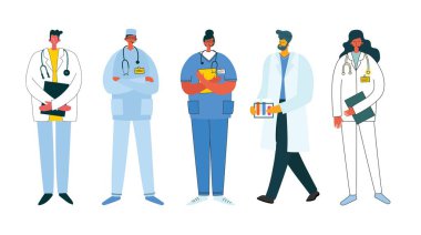 Beyaz bir geçmişi olan takım doktorları. Modern düz stilde vektör illüstrasyonu