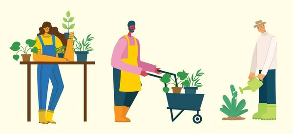 Joven Hombre Mujer Jardinero Sosteniendo Una Maceta Ilustración Vectorial Estilo — Vector de stock