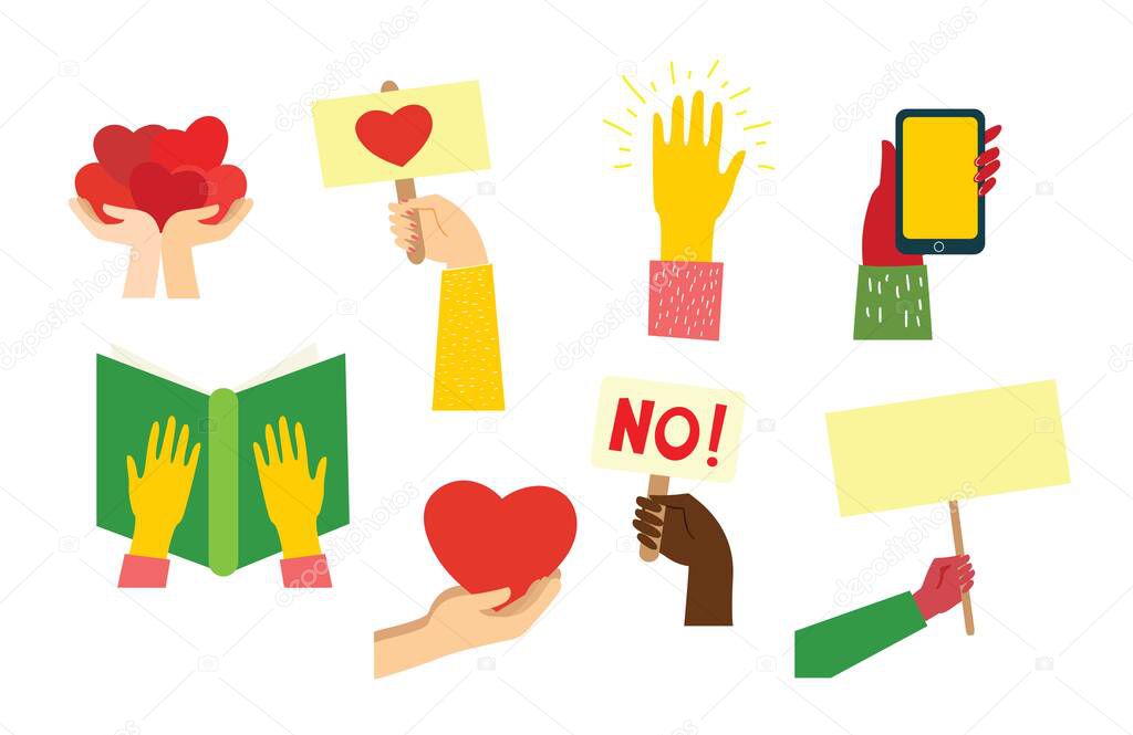 Big set of different hands illustrations. Strong together many hands up. Hand with book. Washing hands. Coffee time poster with mug. Team building. Hands holding hearts. Coffee, burger for breakfast.