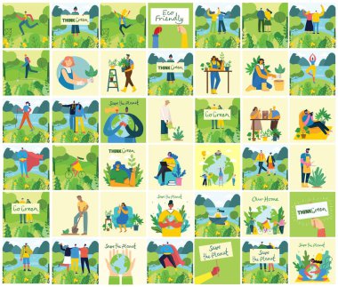 Çevresel resimleri kaydetme seti. Gezegen kolajıyla ilgilenen insanlar. Sıfır atık, yeşil düşünün, gezegeni kurtarın, ev yazımız modern düz dizaynla yazılmış.