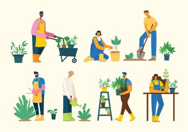 Çiçek saksısı tutan genç bir adam ve kadın bahçıvan. Modern düz bir şekilde vektör illüstrasyonu