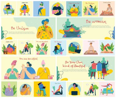 Kadın aktiviteleri. Kadınlar bahçecilik, yemek pişirme, okuma ve çalışma konsepti modern düz stil