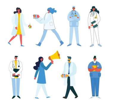 Beyaz bir geçmişi olan takım doktorları. Modern düz stilde vektör illüstrasyonu