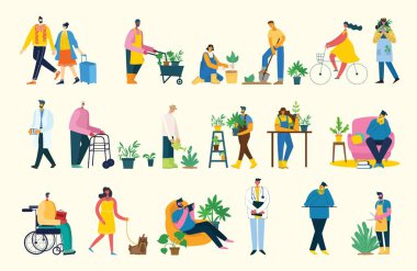 Kolaj resimlerine bir ara ver. İnsanlar dinlenir, kahve içer, sandalyede ve kanepede tablet kullanır. Düz modern vektör biçimi.