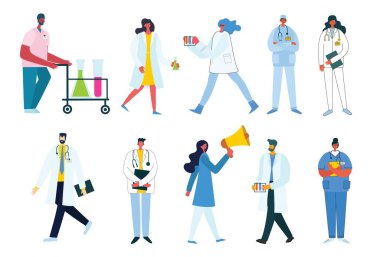 Beyaz bir geçmişi olan takım doktorları. Modern düz stilde vektör illüstrasyonu