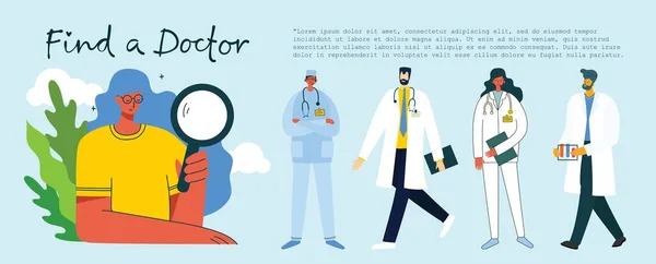 Zoek Een Dokter Team Dokters Achtergrond Vector Illustratie Moderne Platte — Stockvector