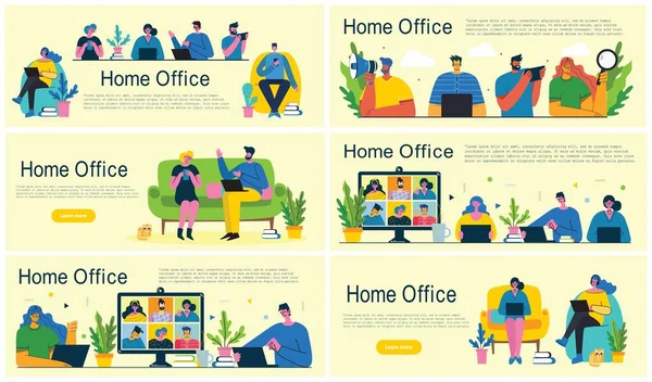 사무실 구역에 사람들 집에서 일하고 공간에서 일하고 Webinar 비디오 콘퍼런스 — 스톡 벡터