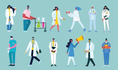 Mavi arka planda takım doktorları. Modern düz stilde vektör illüstrasyonu