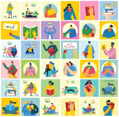 Dünya Kitap Günü 'nün vektör konsepti illüstrasyonları, kitap ve kitap festivalini düz bir şekilde okumak. İnsanlar oturur, ayakta durur, yürür ve düz bir tarzda kitap okurlar.