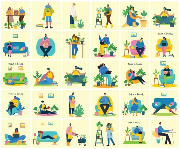 Tome Descanso Ilustración Collage Las Personas Descansan Beben Café Usan — Archivo Imágenes Vectoriales