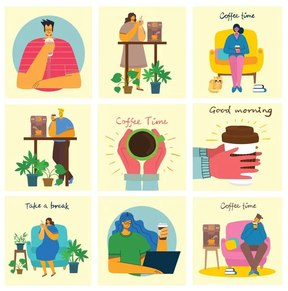 Kaffee-, Pausen- und Entspannungsvektorkarten. Vektorillustration im flachen Design-Stil — Stockvektor