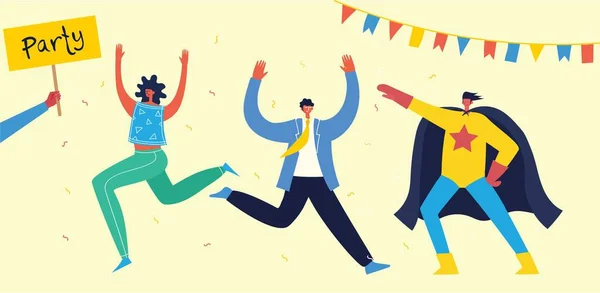 Illustrazione del cartone animato vettoriale di Happy gruppo di persone che festeggiano, saltando sulla festa. Il concetto di amicizia, stile di vita sano, successo, celebrazione, festa. — Vettoriale Stock