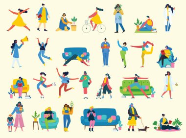 Çeşitli faaliyetlerdeki akıllı iş kadınlarının vektör çizimi, günlük iş hayatında eylem, jest, işe gitmek, çalışmak, bitirmek, eve gitmek. Düz tasarım.