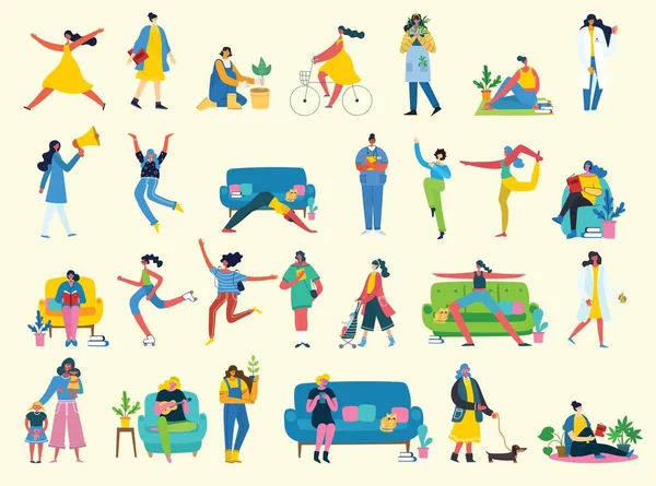 Çeşitli faaliyetlerdeki akıllı iş kadınlarının vektör çizimi, günlük iş hayatında eylem, jest, işe gitmek, çalışmak, bitirmek, eve gitmek. Düz tasarım.