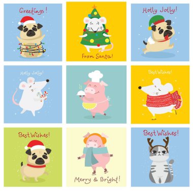 Noel 'in temsili, kediler, domuzlar, fareler ve köpekler Noel ve yeni yıl kutlamaları..