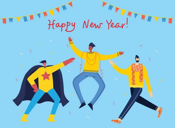 Vektorové kreslené ilustrace Happy skupiny lidí slaví nový rok, skákání na párty. — Stockový vektor