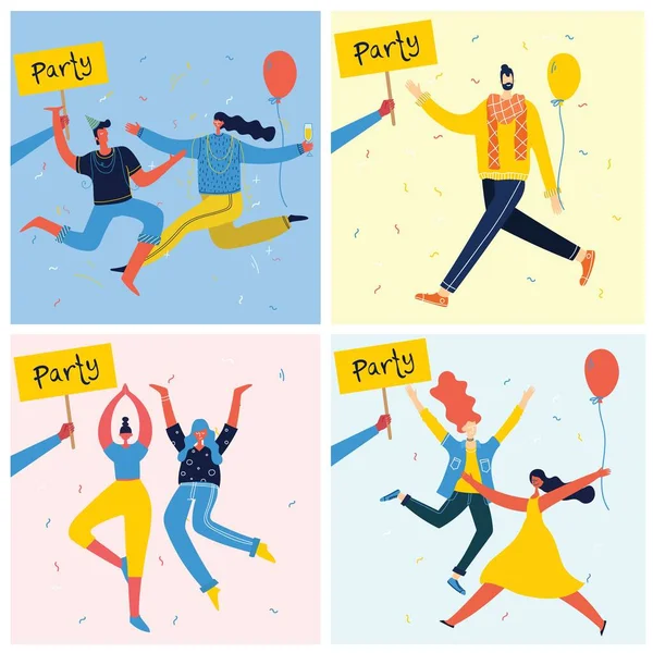 Illustrazione del cartone animato vettoriale di Happy gruppo di persone che festeggiano, saltando sulla festa. — Vettoriale Stock