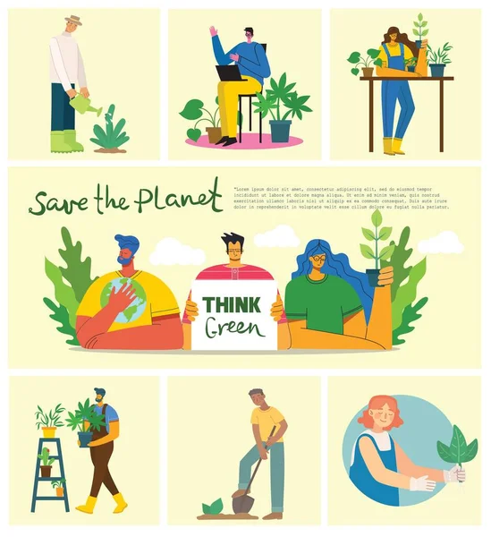 Zestaw Eko Oszczędność Zdjęć Środowiska Ludzie Zajmujący Się Kolażem Planety — Wektor stockowy