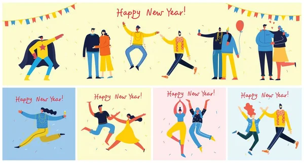 Happy New Year Vector Cartoon Illustration Happy Group People Celebrating — Stock Vector