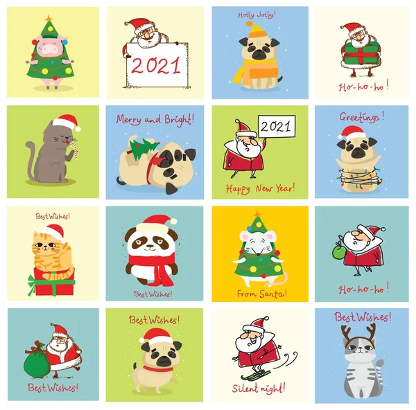 Ilustración vectorial de gatos, cerdos, ratas y perros navideños con felicitaciones de Navidad y año nuevo. — Vector de stock