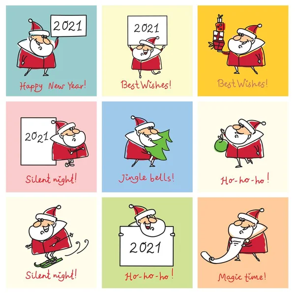 Conjunto de Natal de diferentes Papai Noel com presentes de Natal, árvore de Natal, banners e outros —  Vetores de Stock