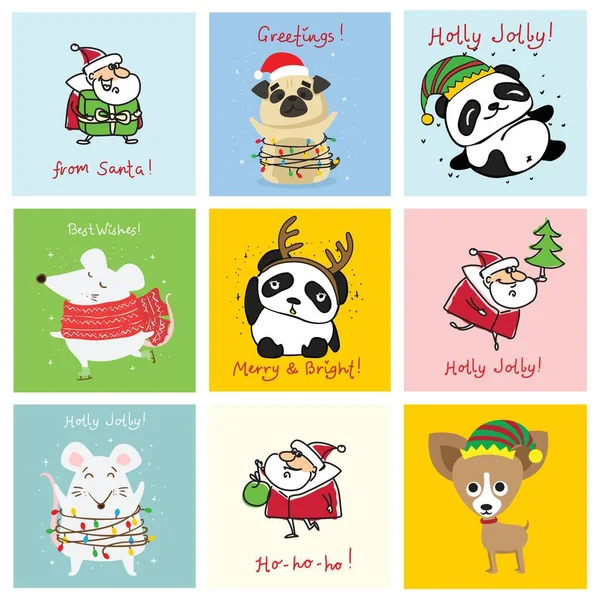 Ilustración Vectorial Gatos Cerdos Ratas Perros Navideños Con Felicitaciones Navidad — Archivo Imágenes Vectoriales