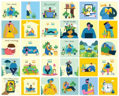 Kal ve evde çalış. İnsanlar evlerinde farklı aktiviteler yapıyorlar: koltukta oturmak, zıplamak, çalışmak, kutlamak, oynamak, spor yapmak, evde okumak. Vektör renkli modern illüstrasyon kolajı