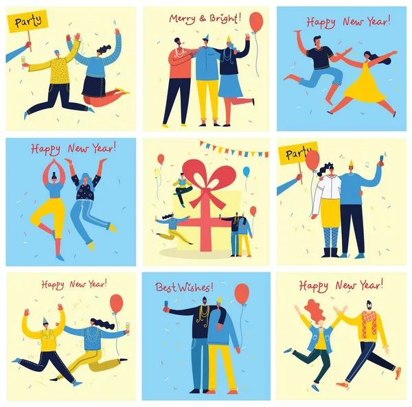 Vektor-Cartoon-Illustration einer fröhlichen Gruppe von Menschen, die das neue Jahr feiern und auf die Party springen. — Stockvektor
