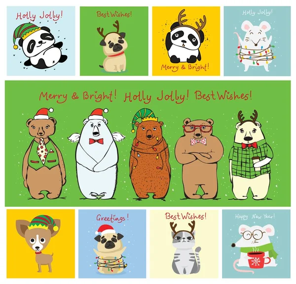 Ilustración Vectorial Gatos Osos Ratas Perros Navideños Con Felicitaciones Navidad — Vector de stock